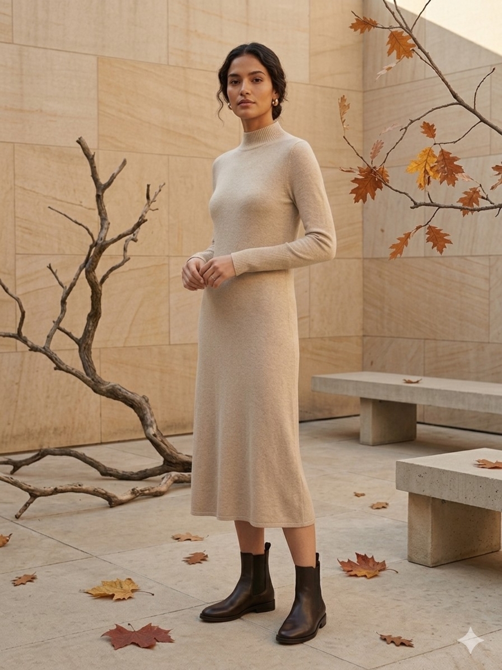 Lightweight Mock NECK Knit Dress - Fall Tan Quiet Luxury Soft Girl Minimalist